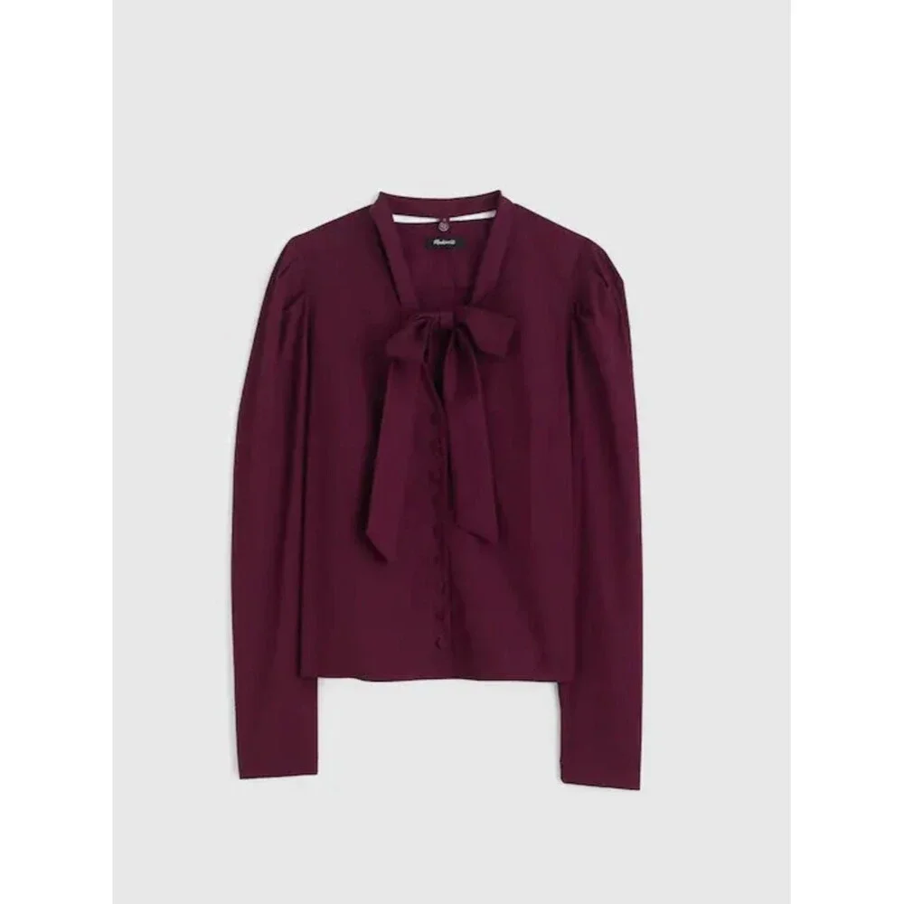 Madewell V-Neck Button-Front Top XS Dark Pomegranate Long Sleeve Workwear
